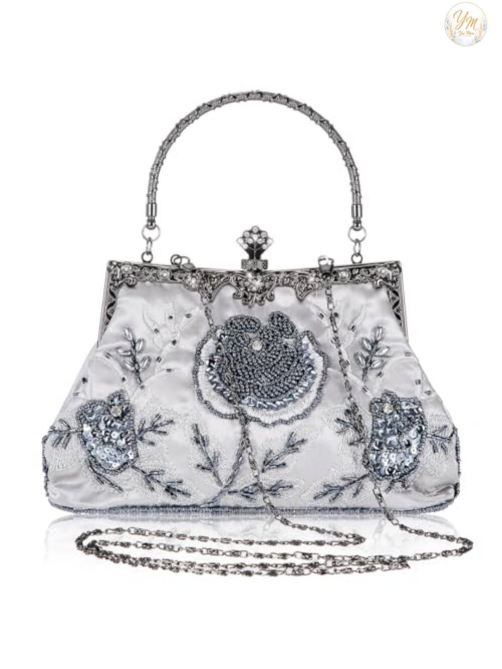 Embroidered Beaded Clutch Evening Bag with Chain Strap